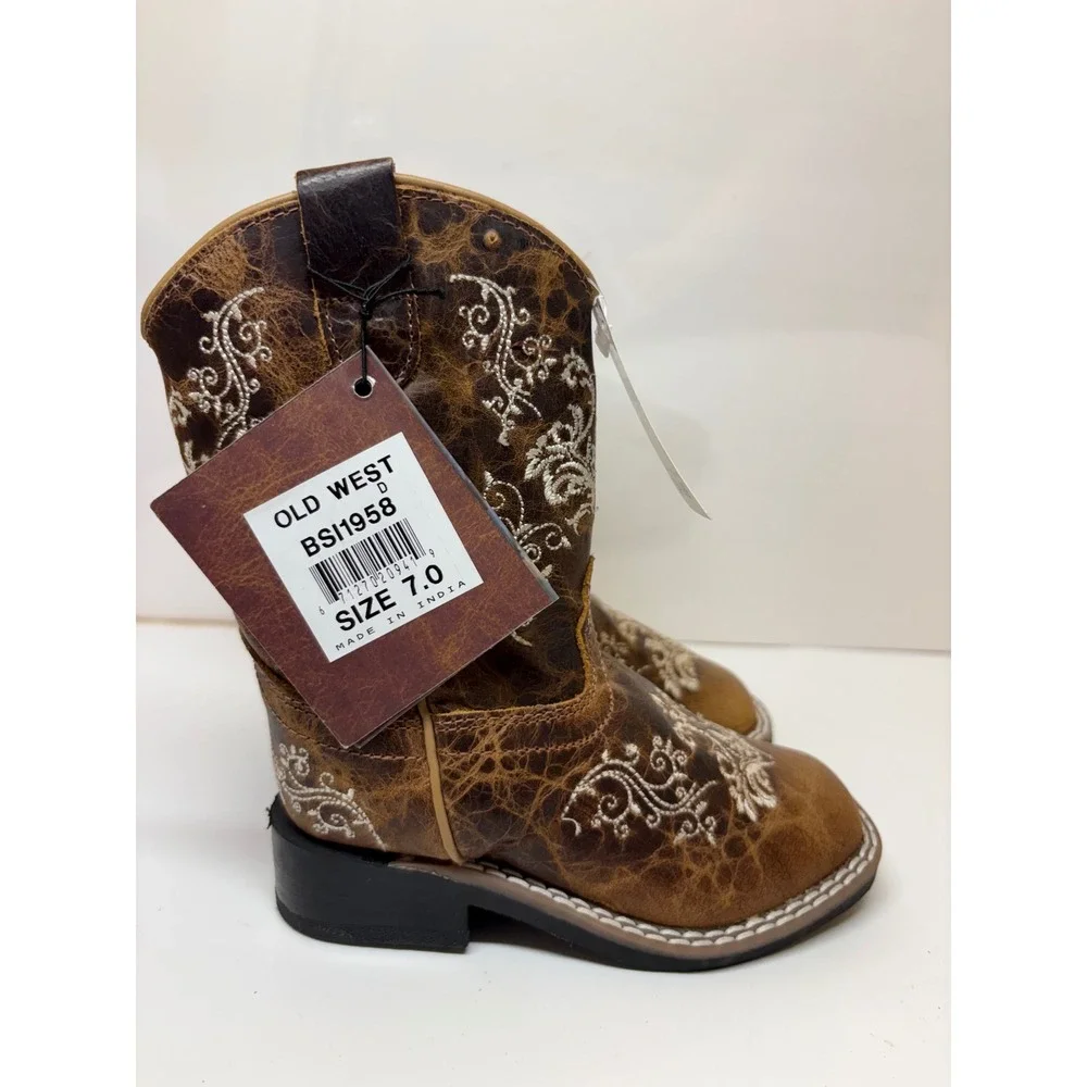 Old West Toddler Burnt Tan Leather Square Toe Side Zip Cowboy Boots BSI1958 7D